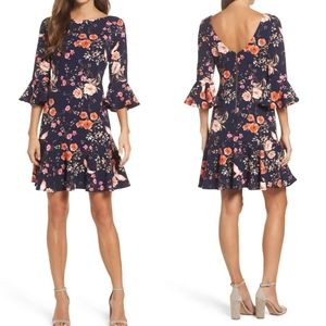NWT Eliza J Bell Sleeve Flounce Dress In Navy